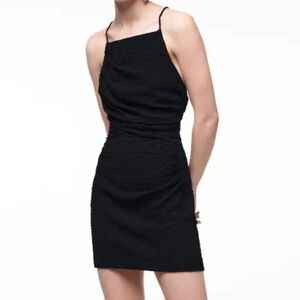 Zara Textured Draped Mini Dress Square Neck Cross Back Black Size Medium M